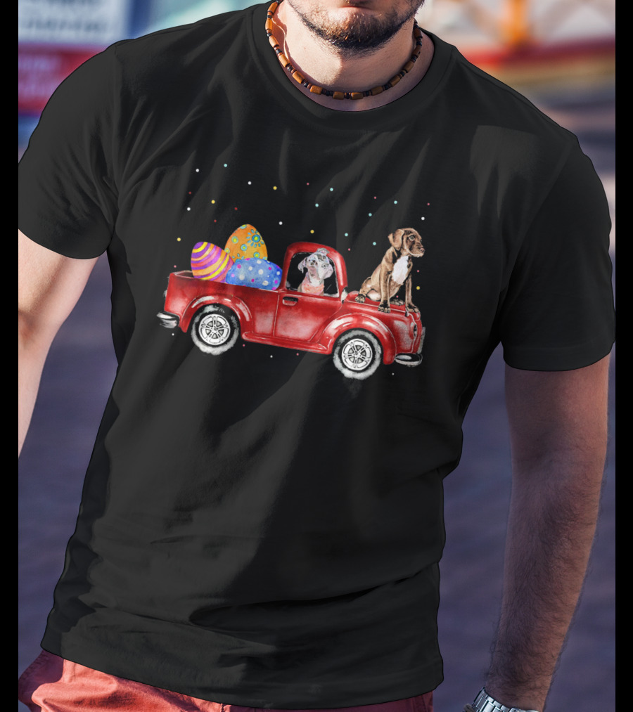 Pitbulls On Easter Egg Truck With Colorful Dots T-Shirt