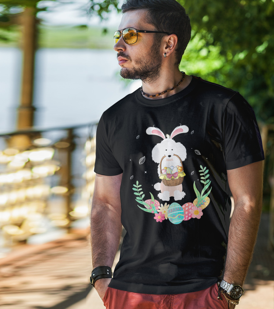 Poodle Bunny Ears Easter Egg Basket Spring Leaves T-Shirt
