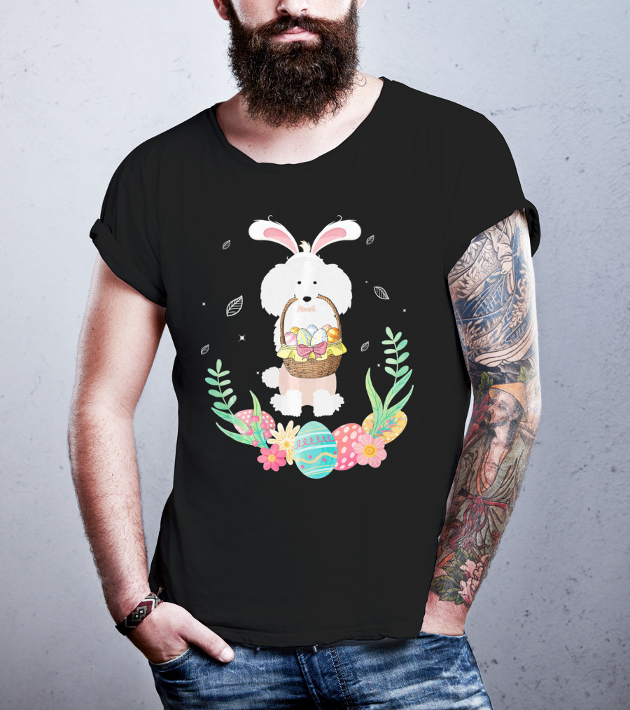 Poodle Bunny Ears Easter Egg Basket Spring Leaves T-Shirt