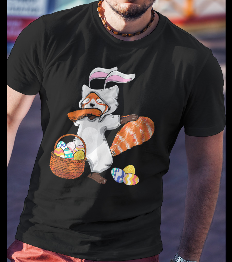 Dabbing Easter Bunny Red Panda With Basket Of Colorful Eggs T-Shirt