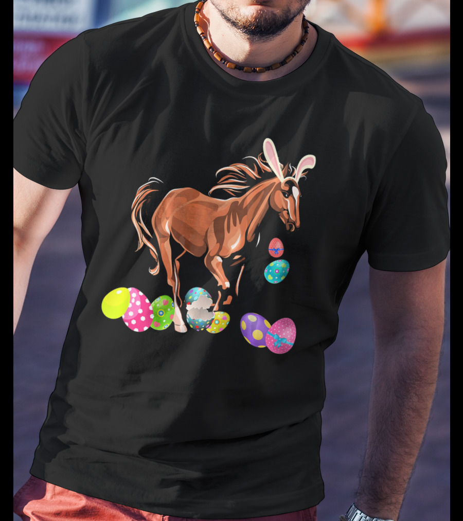Horse With Bunny Ears Among Colorful Easter Eggs T-Shirt