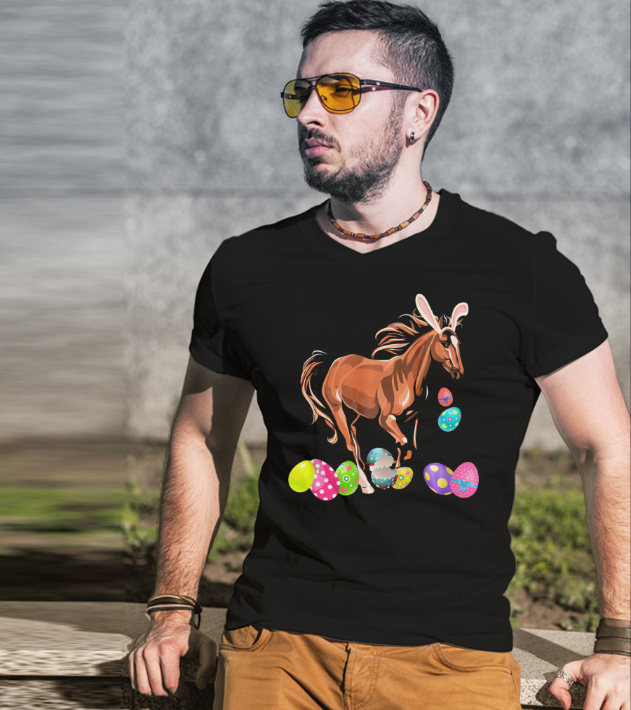 Horse With Bunny Ears Among Colorful Easter Eggs T-Shirt