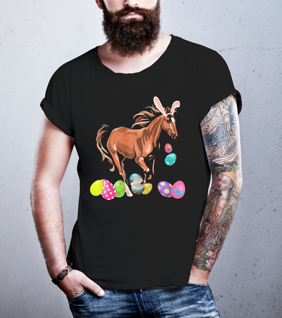 Horse With Bunny Ears Among Colorful Easter Eggs T-Shirt