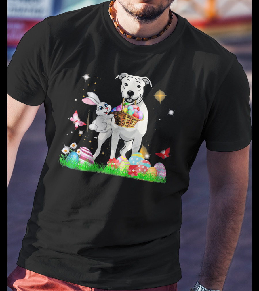 Easter Day Dogo Argentino With Bunny Basket Of Eggs And Butterflies T-Shirt