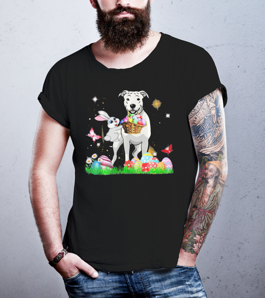Easter Day Dogo Argentino With Bunny Basket Of Eggs And Butterflies T-Shirt