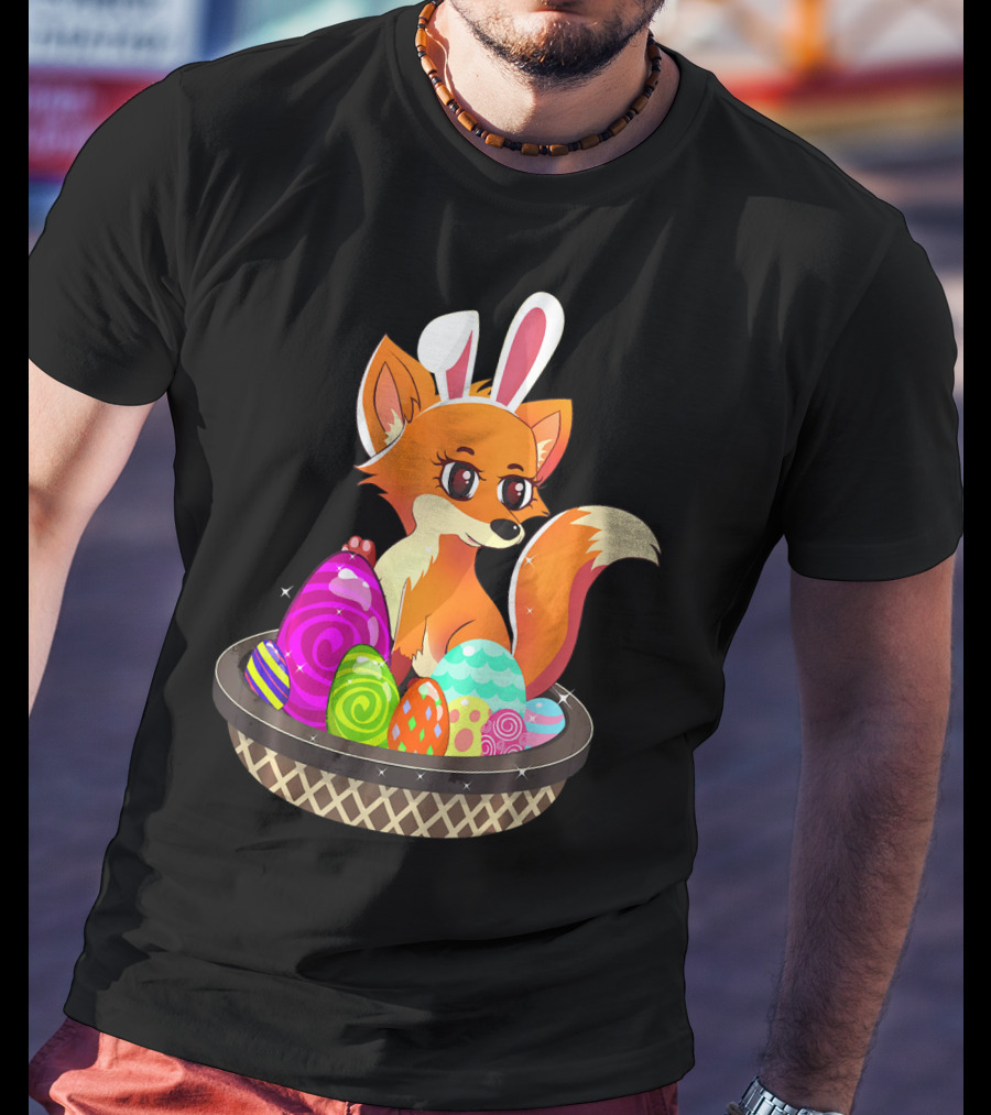 Easter Foxy Fox With Bunny Ears In Basket Of Colorful Eggs T-Shirt