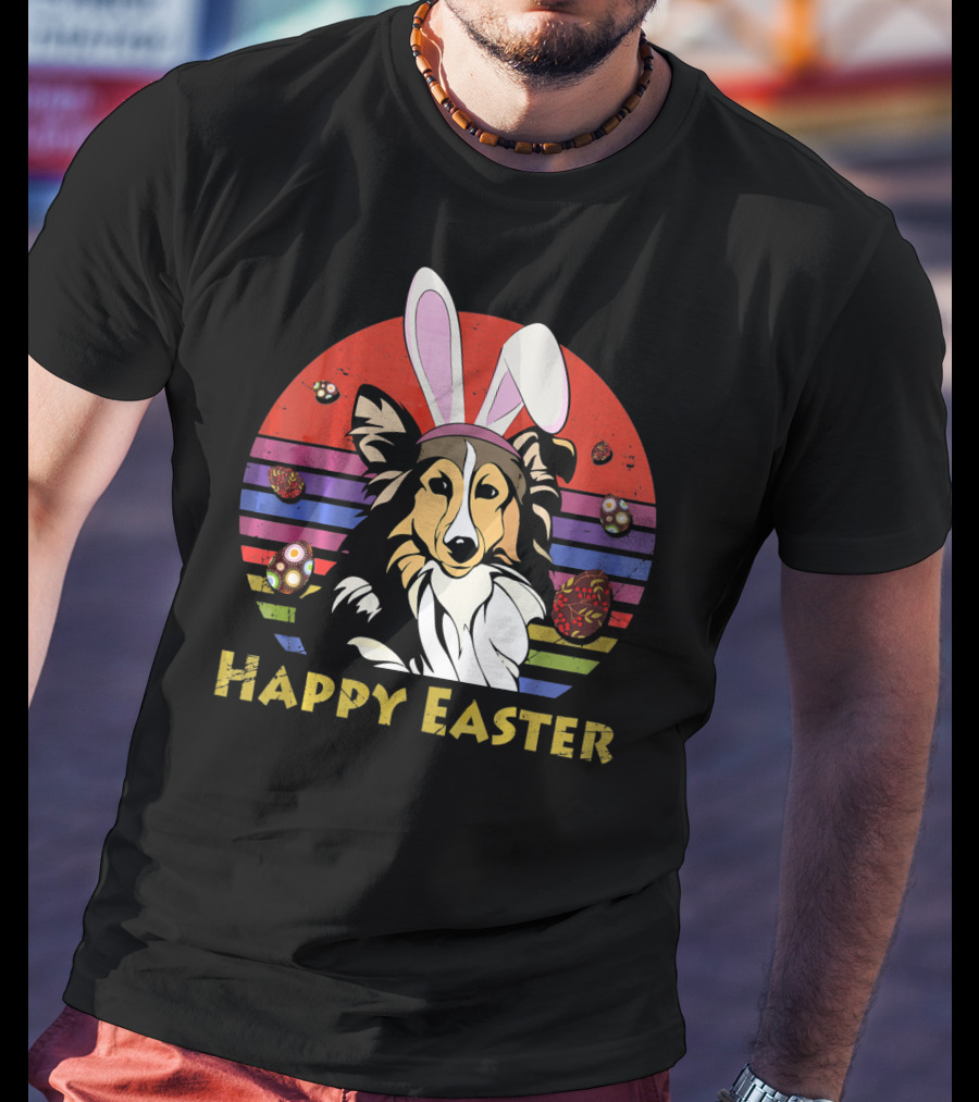 Happy Easter Shetland Sheepdog With Bunny Headband And Colorful Eggs T-Shirt