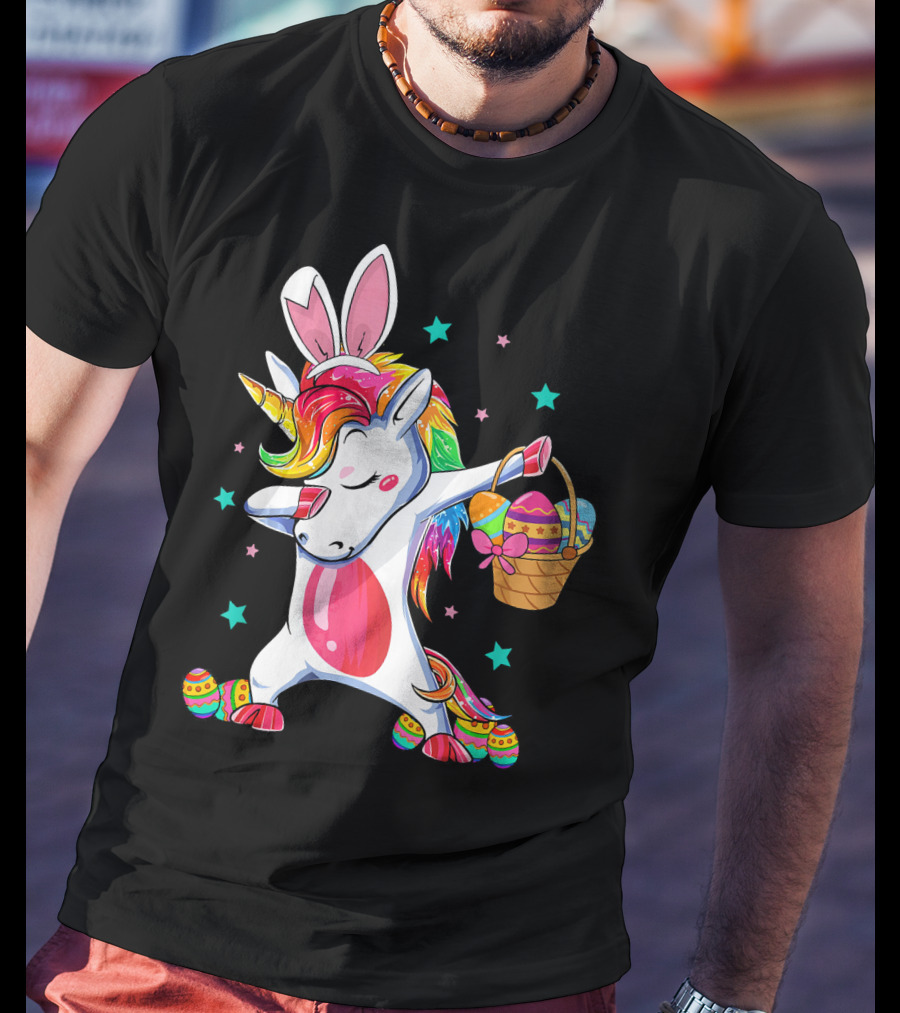 Dabbing Bunny Unicorn With Easter Basket And Eggs Funny Easter Day T-Shirt