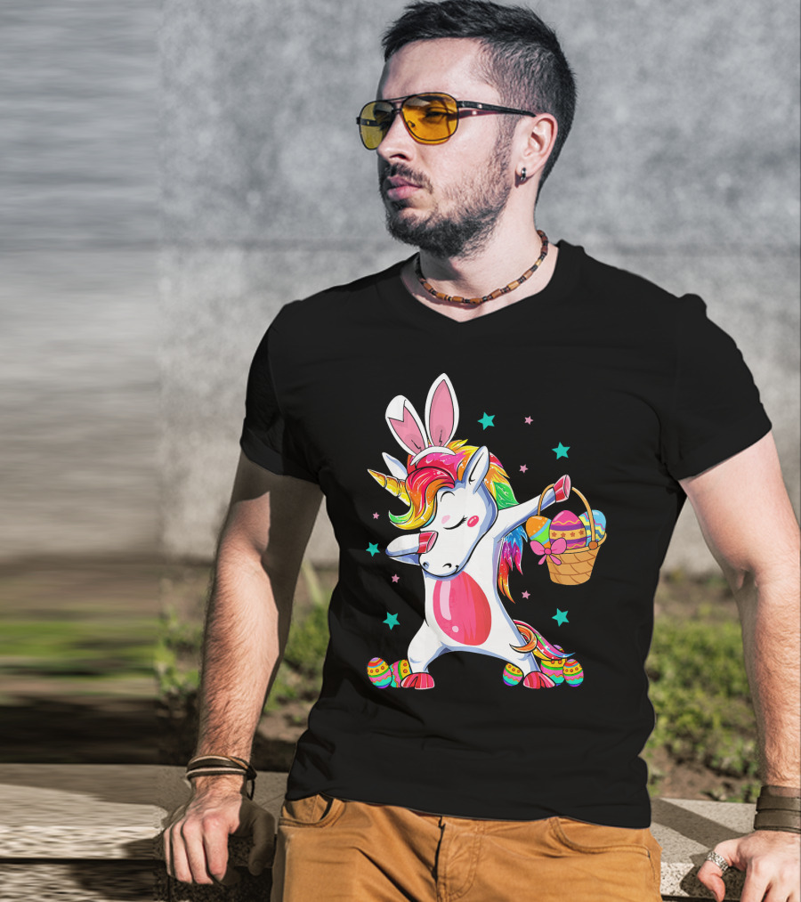 Dabbing Bunny Unicorn With Easter Basket And Eggs Funny Easter Day T-Shirt