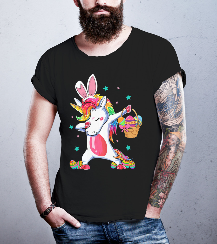 Dabbing Bunny Unicorn With Easter Basket And Eggs Funny Easter Day T-Shirt