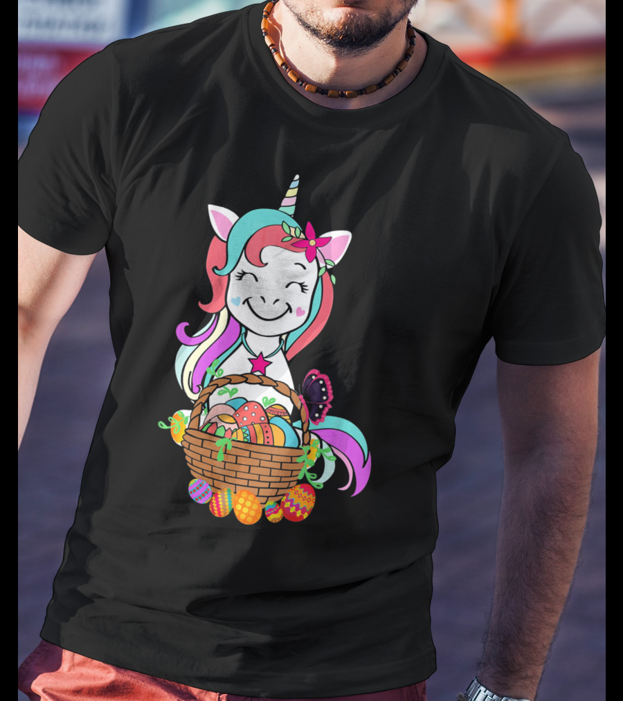 Unicorn Easter Basket With Colorful Eggs And Butterfly T-Shirt
