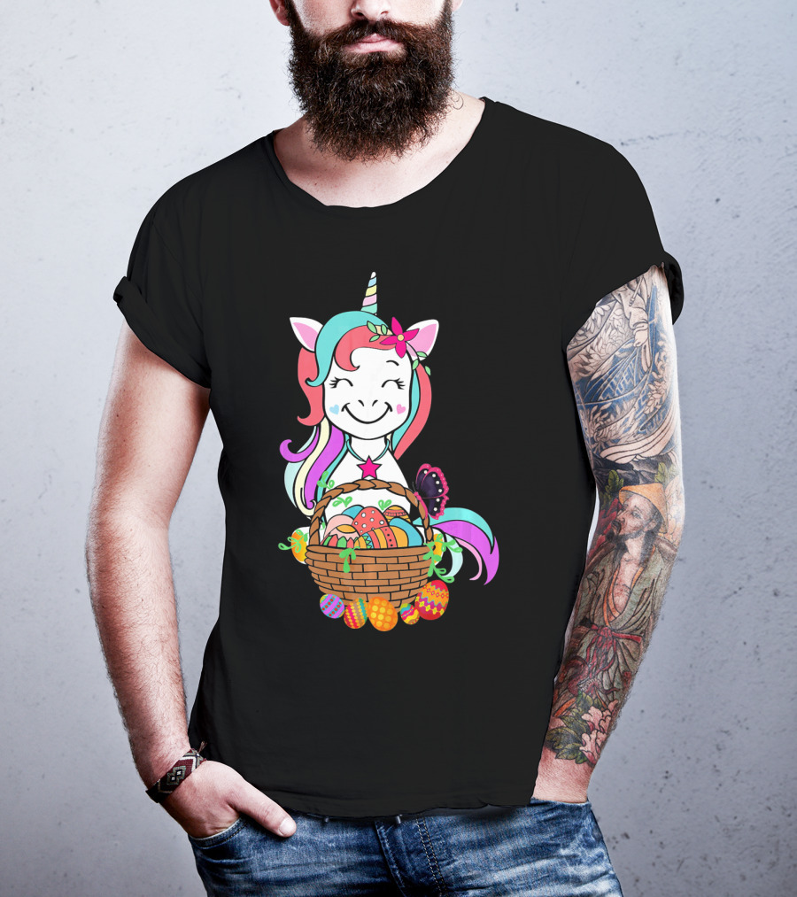 Unicorn Easter Basket With Colorful Eggs And Butterfly T-Shirt