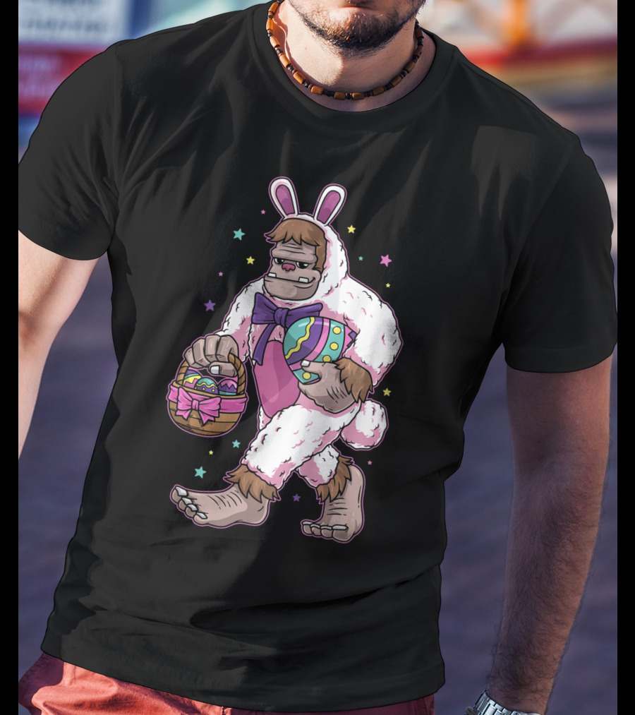 Kids Easter Bunny Bigfoot Sasquatch Basket Eggs Stars T-Shirt