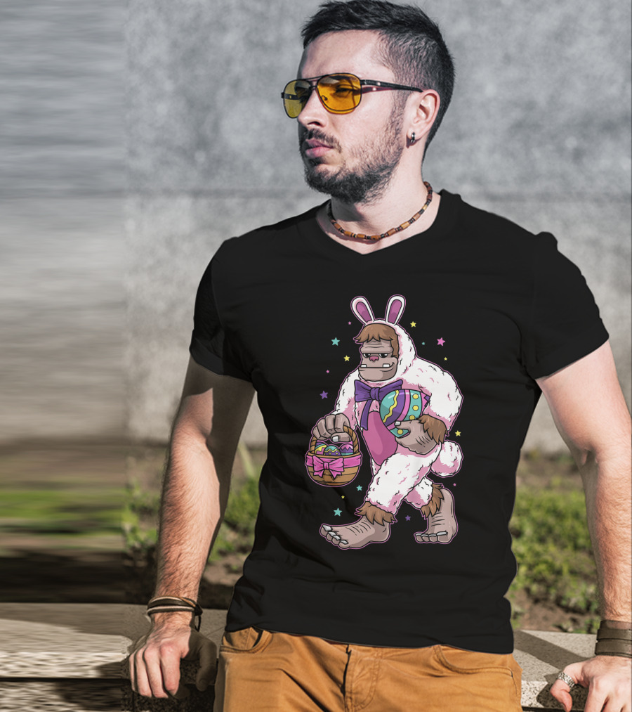 Kids Easter Bunny Bigfoot Sasquatch Basket Eggs Stars T-Shirt