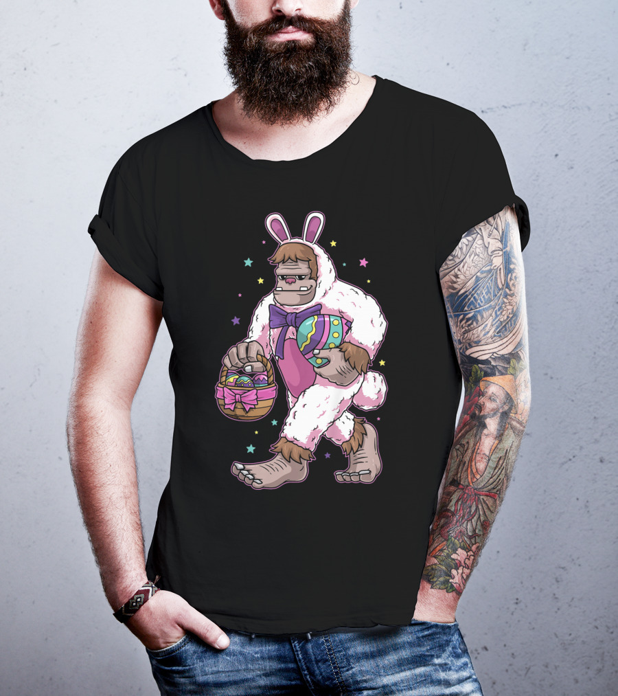 Kids Easter Bunny Bigfoot Sasquatch Basket Eggs Stars T-Shirt