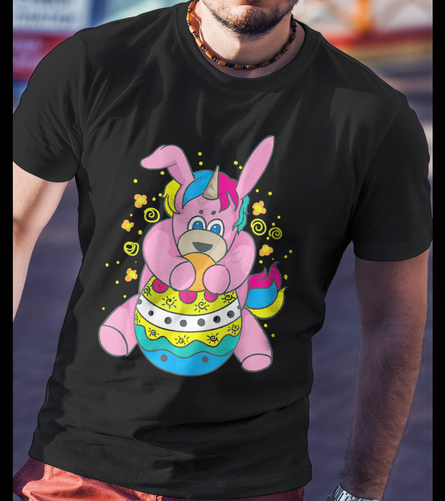 Bunny Unicorn Holding Easter Egg Surrounded By Flowers And Swirls T-Shirt