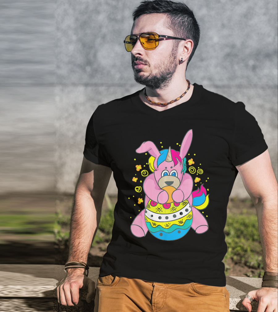 Bunny Unicorn Holding Easter Egg Surrounded By Flowers And Swirls T-Shirt