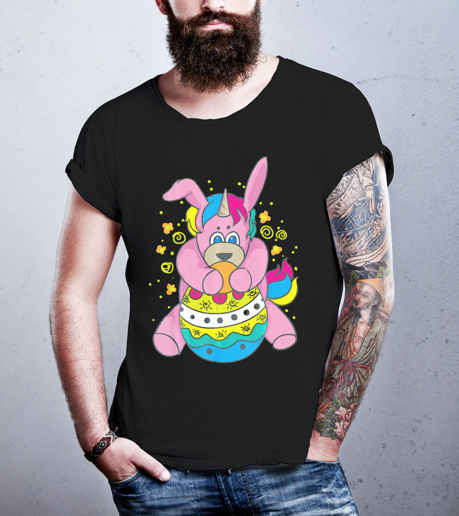Bunny Unicorn Holding Easter Egg Surrounded By Flowers And Swirls T-Shirt