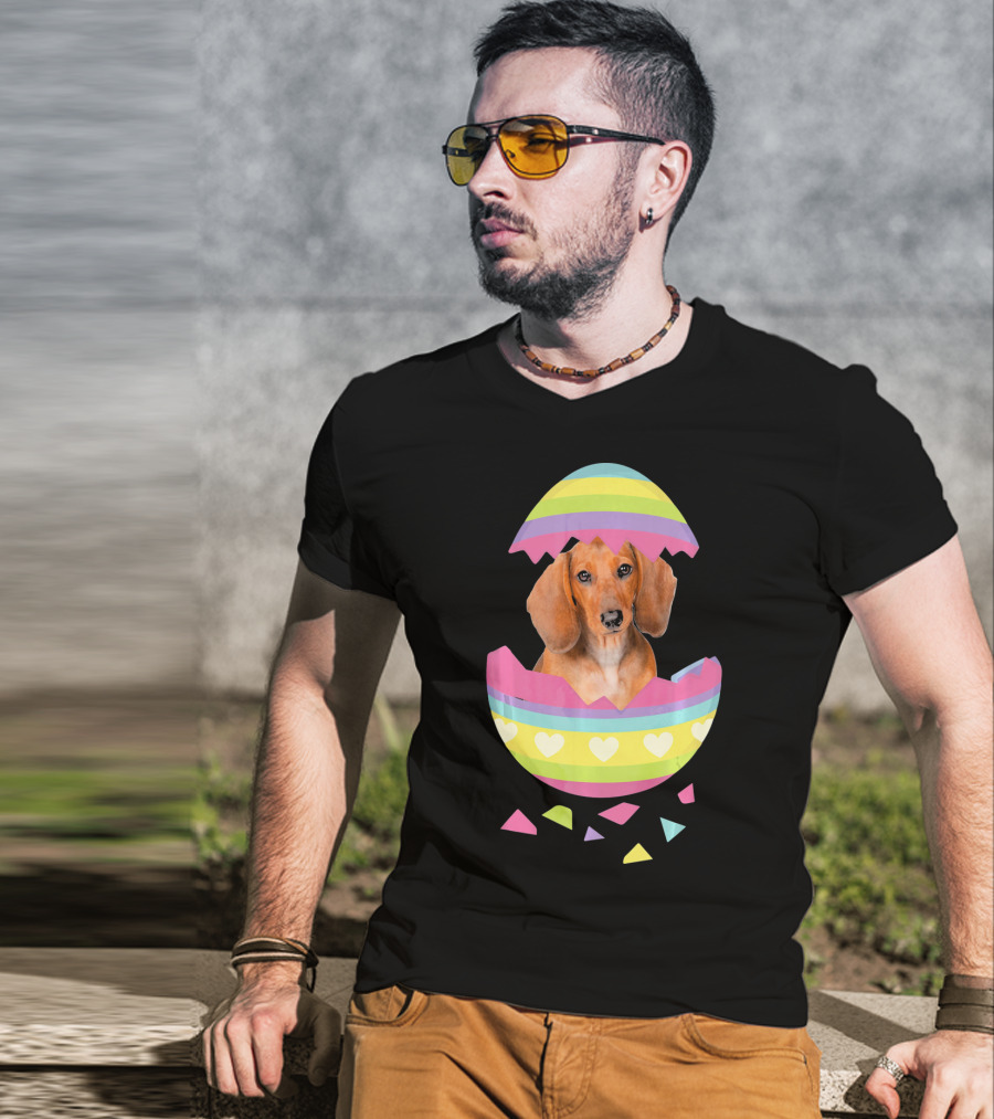 Dachshund In Colorful Easter Egg With Heart Stripes T-Shirt
