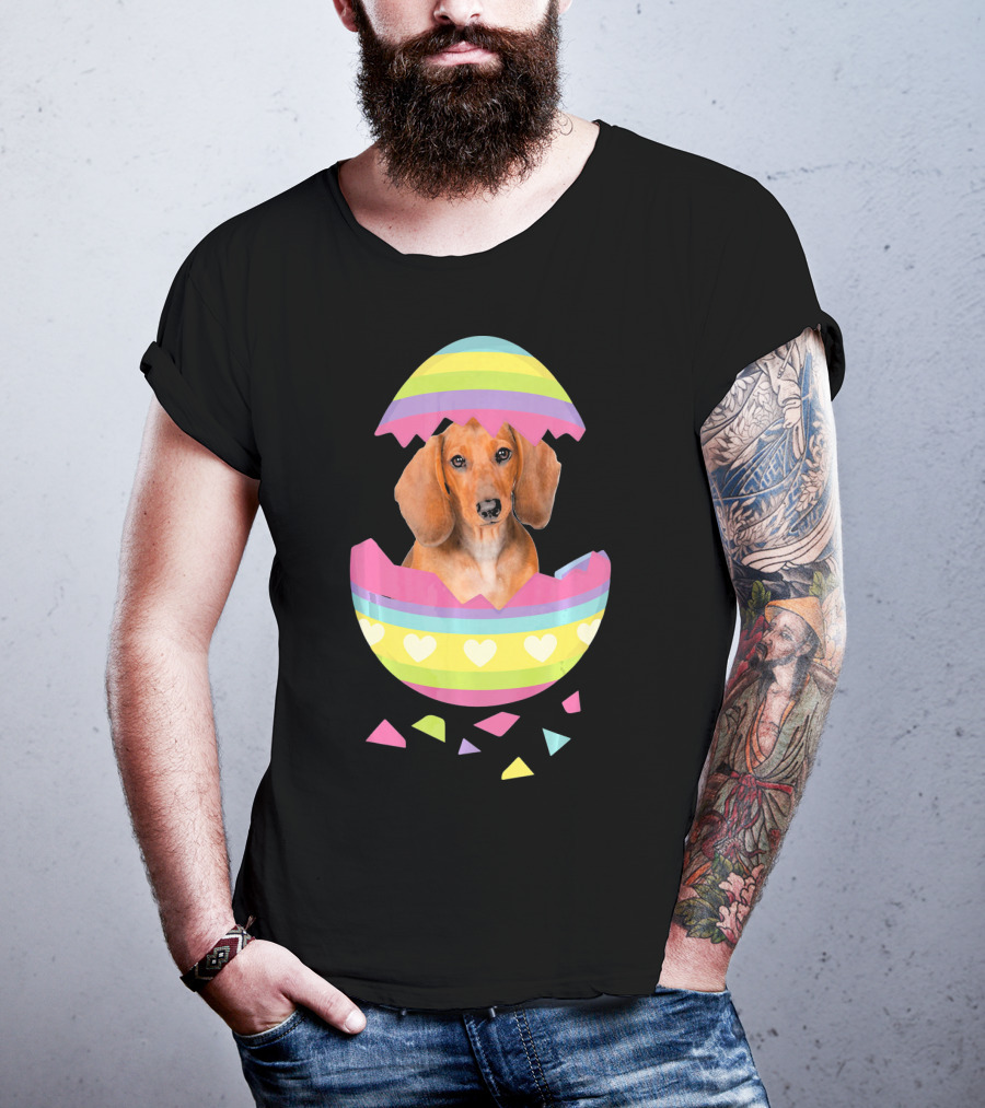 Dachshund In Colorful Easter Egg With Heart Stripes T-Shirt