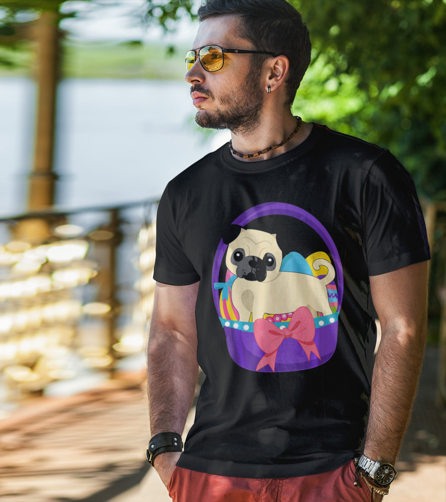 Easter Pug Dog In Colorful Basket With Eggs And Bow T-Shirt