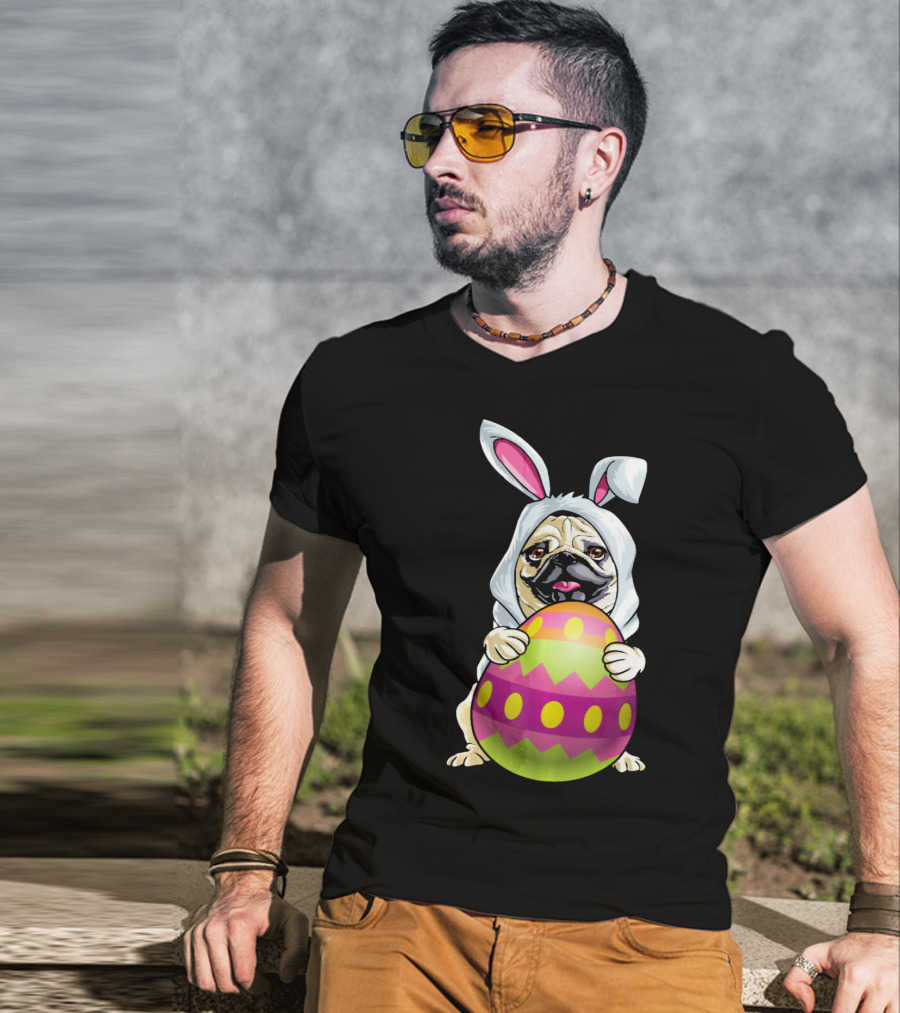 Pug Dressed As Easter Bunny Holding Colorful Easter Egg T-Shirt
