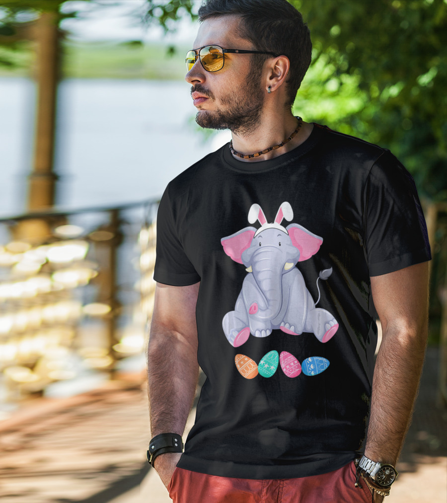 Funny Easter Elephant With Bunny Ears And Colorful Patterned Eggs T-Shirt