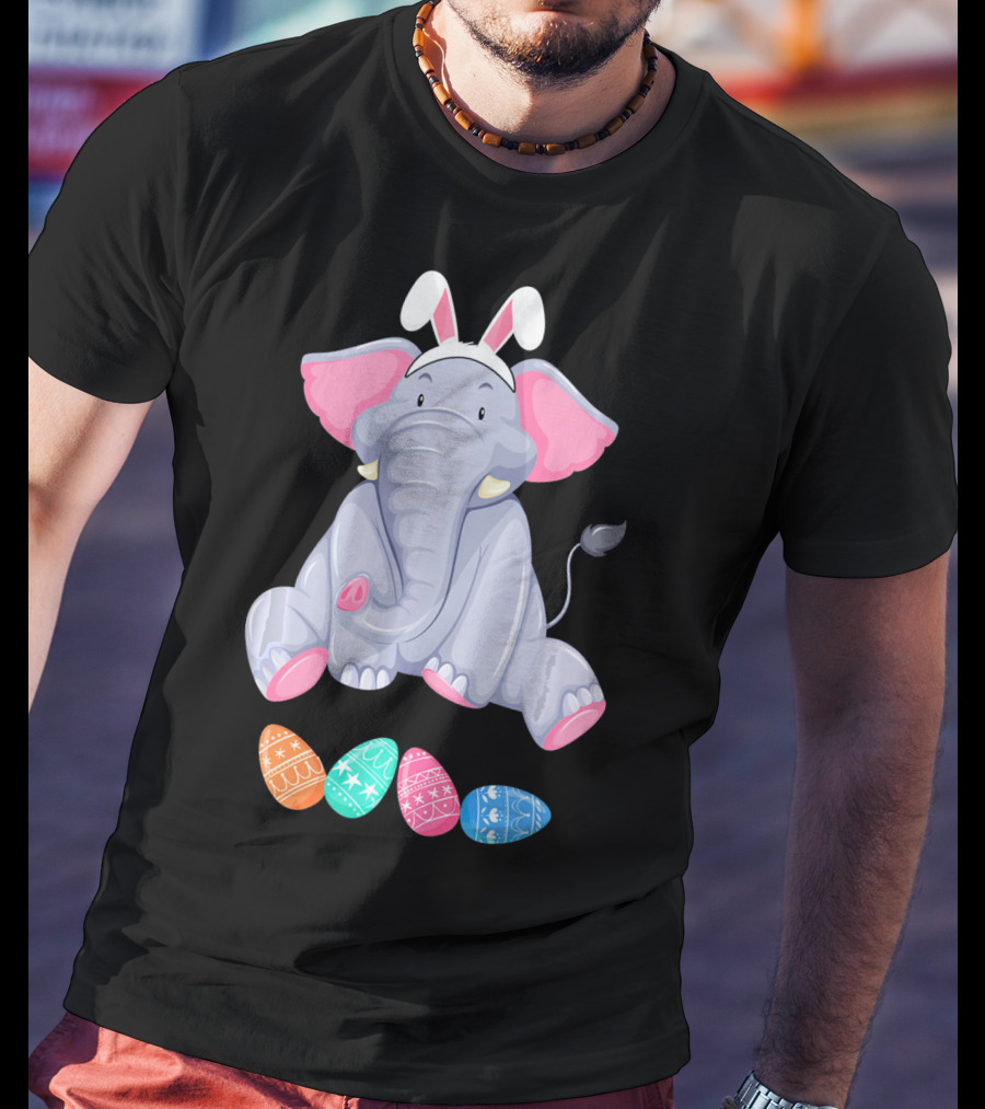 Funny Easter Elephant With Bunny Ears And Colorful Patterned Eggs T-Shirt