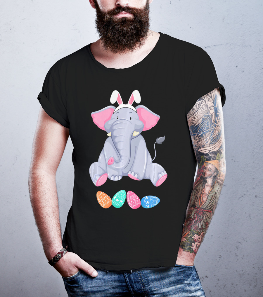Funny Easter Elephant With Bunny Ears And Colorful Patterned Eggs T-Shirt