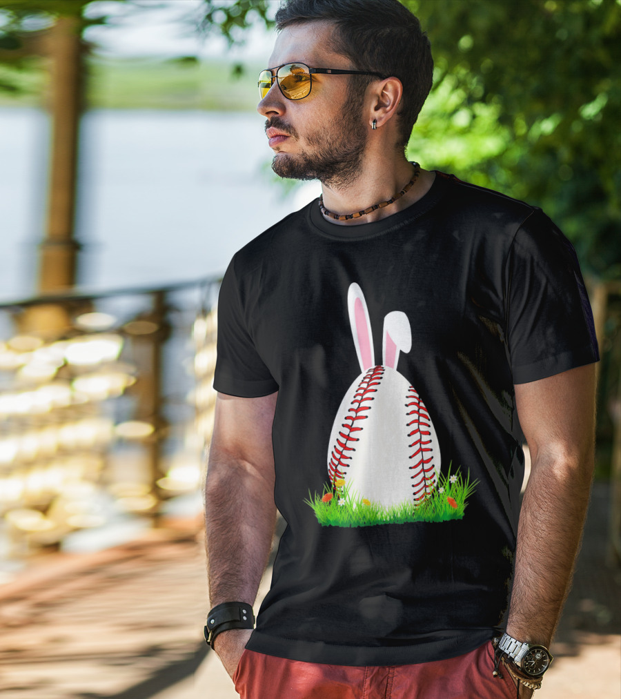 Cute Easter Bunny Baseball Egg With Ears On Grass T-Shirt