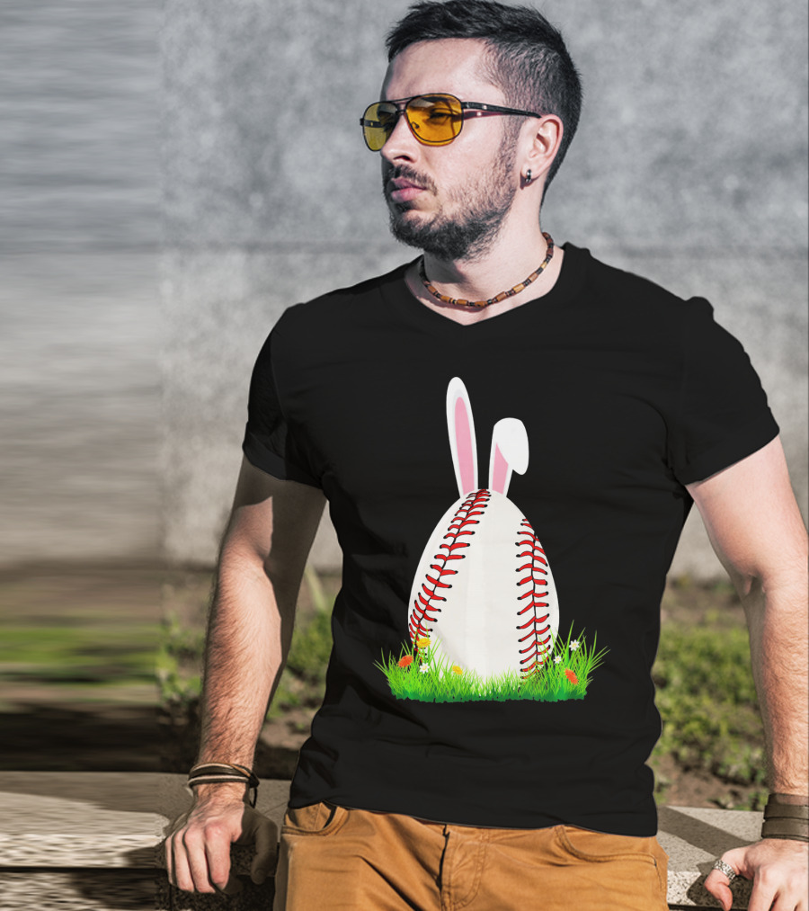 Cute Easter Bunny Baseball Egg With Ears On Grass T-Shirt