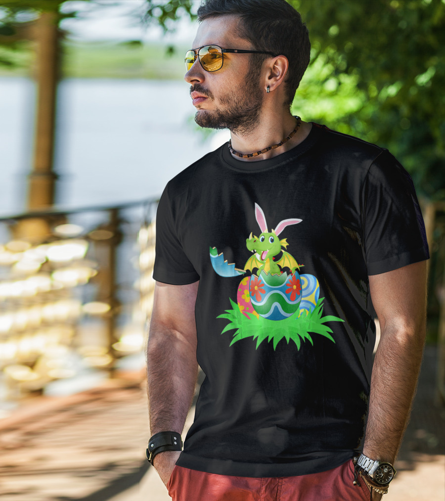 Easter Dragon Egg Hunt With Bunny Ears And Colorful Eggs In Grass T-Shirt