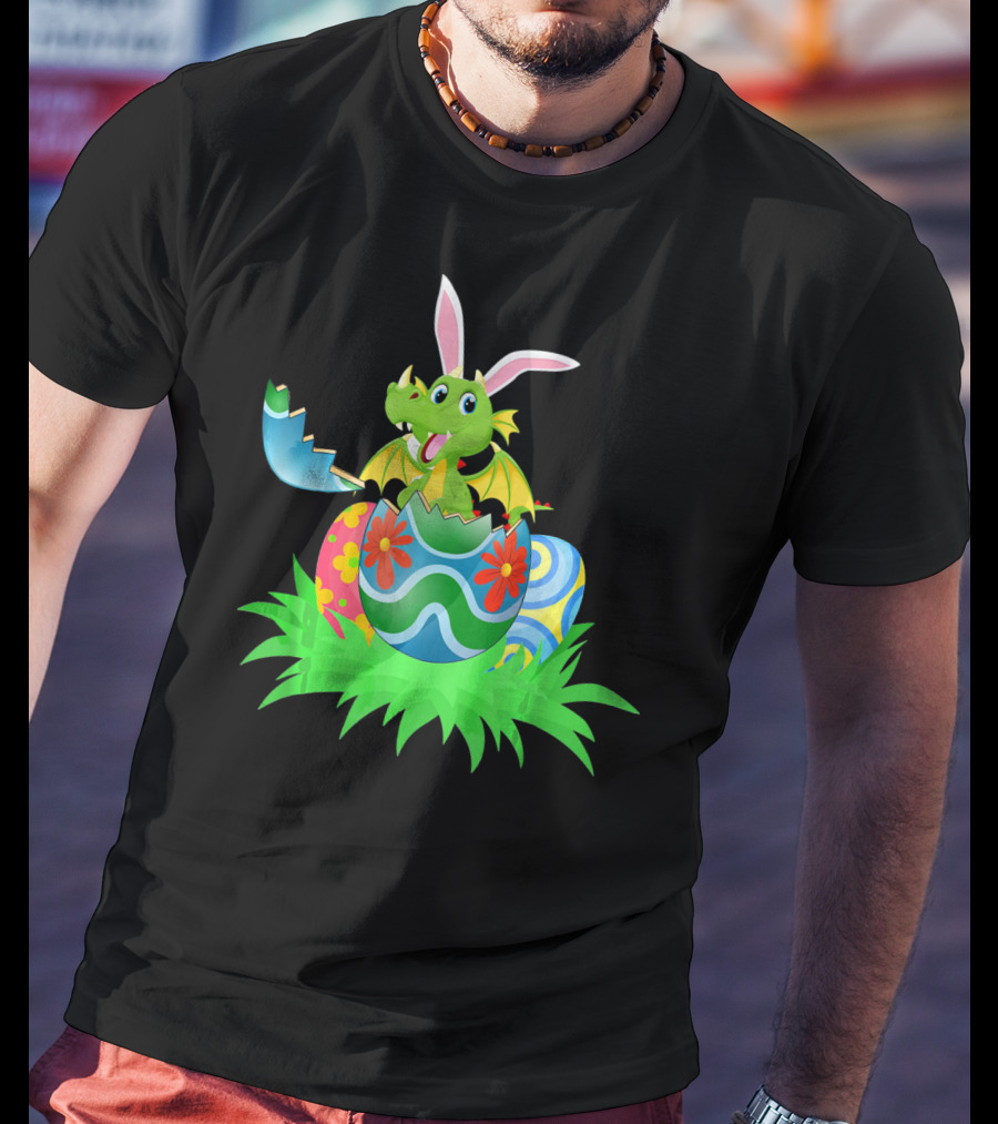 Easter Dragon Egg Hunt With Bunny Ears And Colorful Eggs In Grass T-Shirt