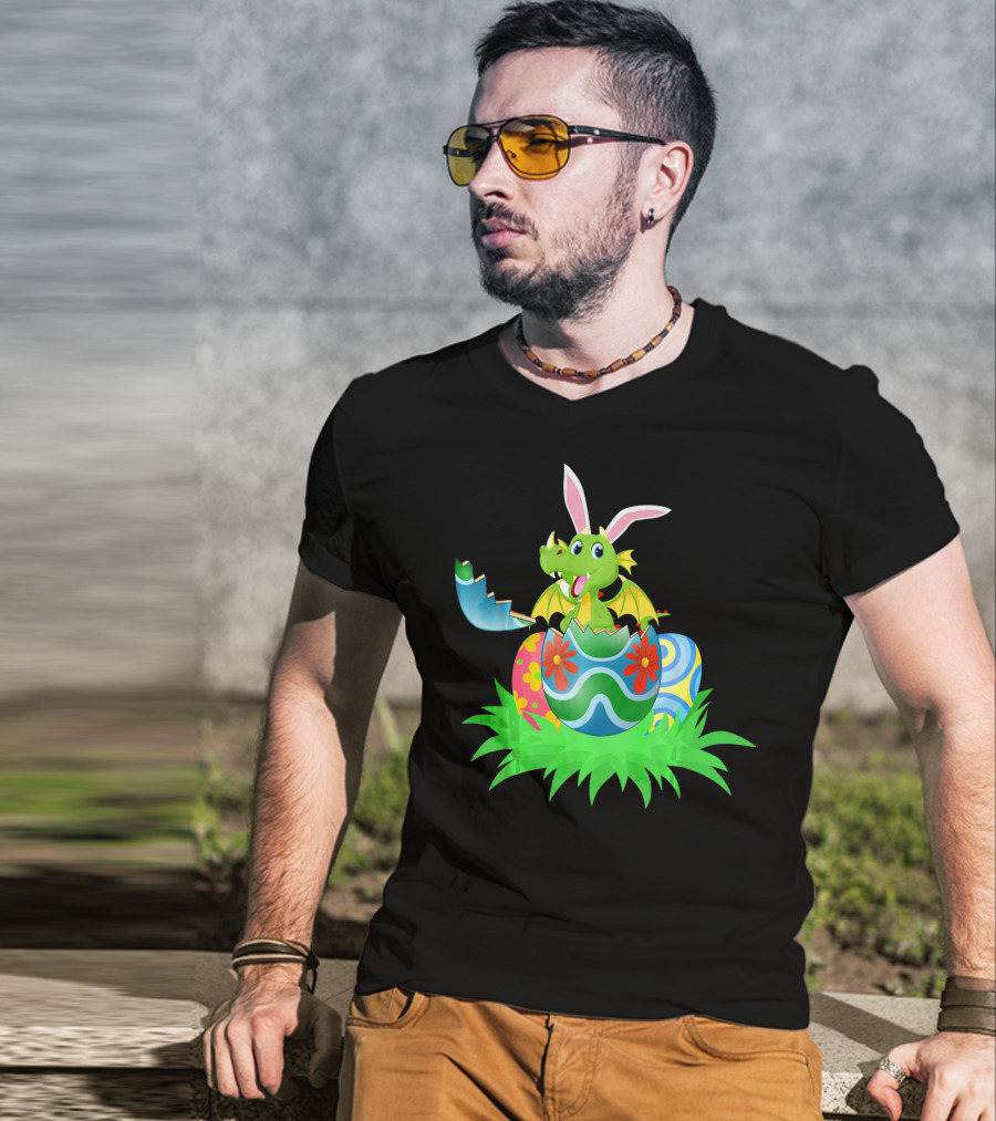 Easter Dragon Egg Hunt With Bunny Ears And Colorful Eggs In Grass T-Shirt