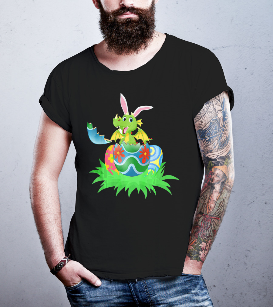 Easter Dragon Egg Hunt With Bunny Ears And Colorful Eggs In Grass T-Shirt