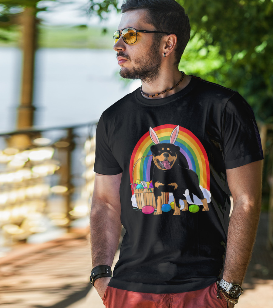 Rottweiler Bunny With Easter Eggs And Rainbow T-Shirt