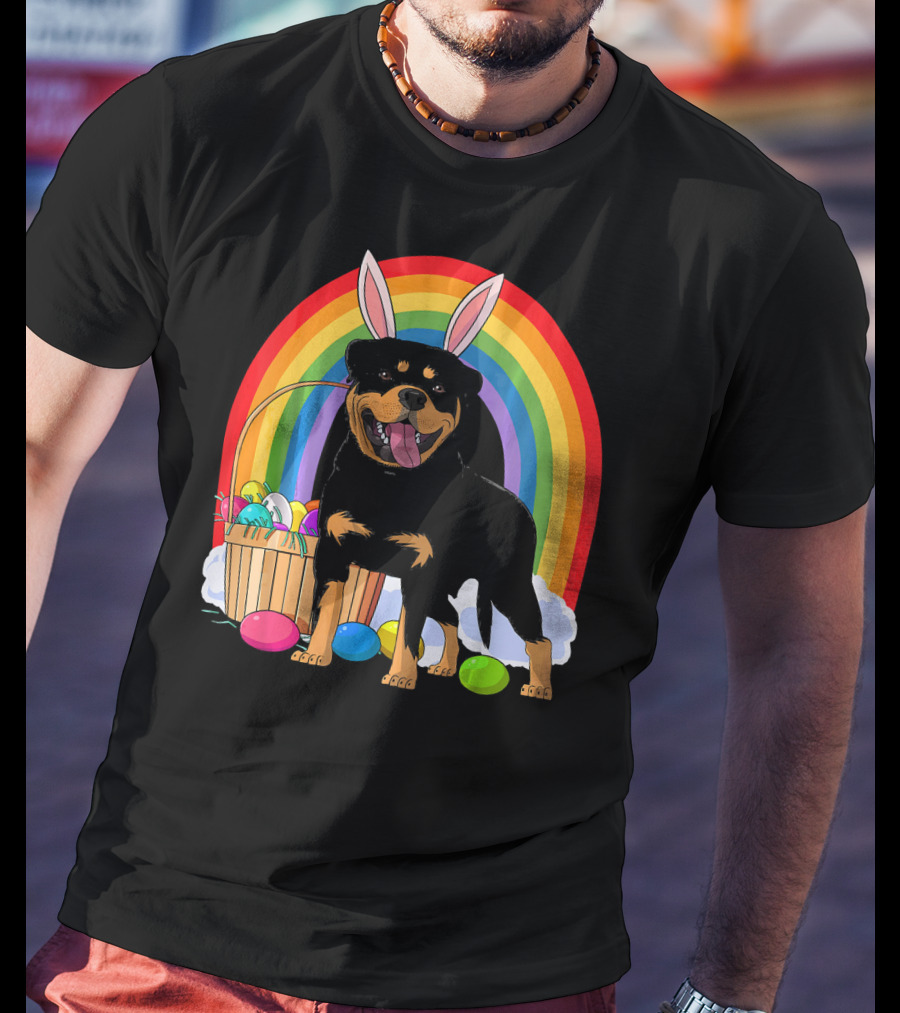 Rottweiler Bunny With Easter Eggs And Rainbow T-Shirt