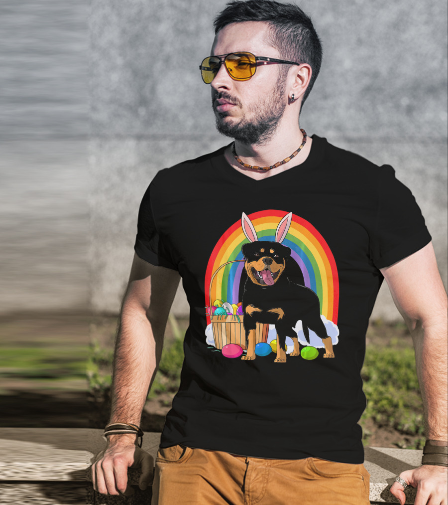 Rottweiler Bunny With Easter Eggs And Rainbow T-Shirt