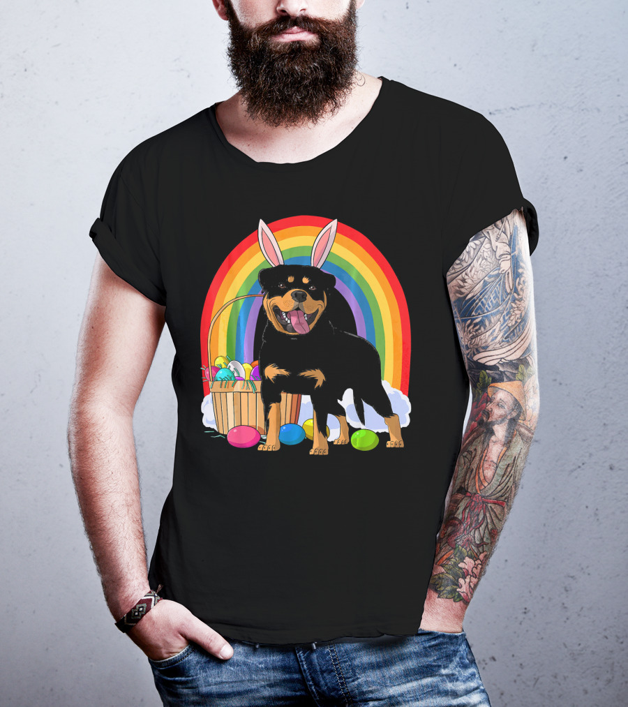 Rottweiler Bunny With Easter Eggs And Rainbow T-Shirt