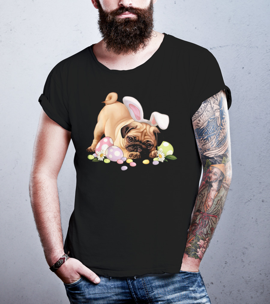 Pug Lovers Bunny Ears Happy Easter Eggs T-Shirt