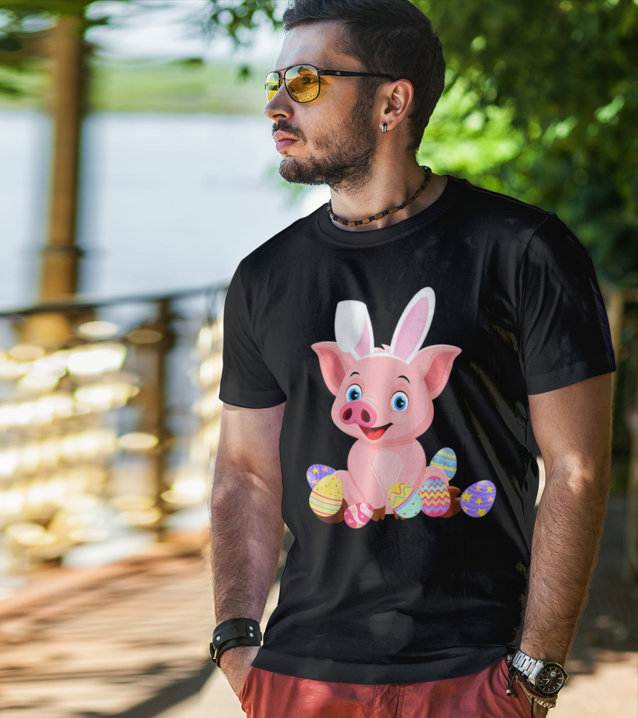 Pig Wearing Bunny Ears Surrounded By Colorful Easter Eggs T-Shirt