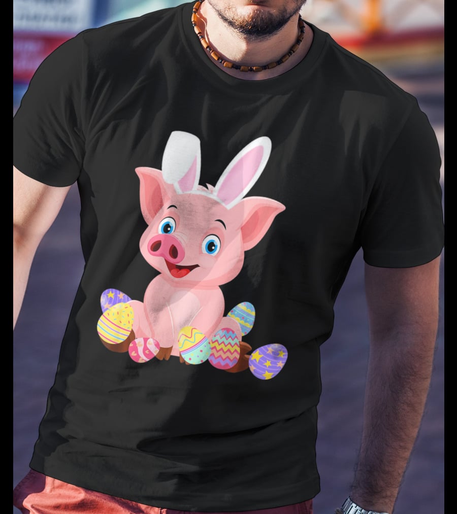 Pig Wearing Bunny Ears Surrounded By Colorful Easter Eggs T-Shirt