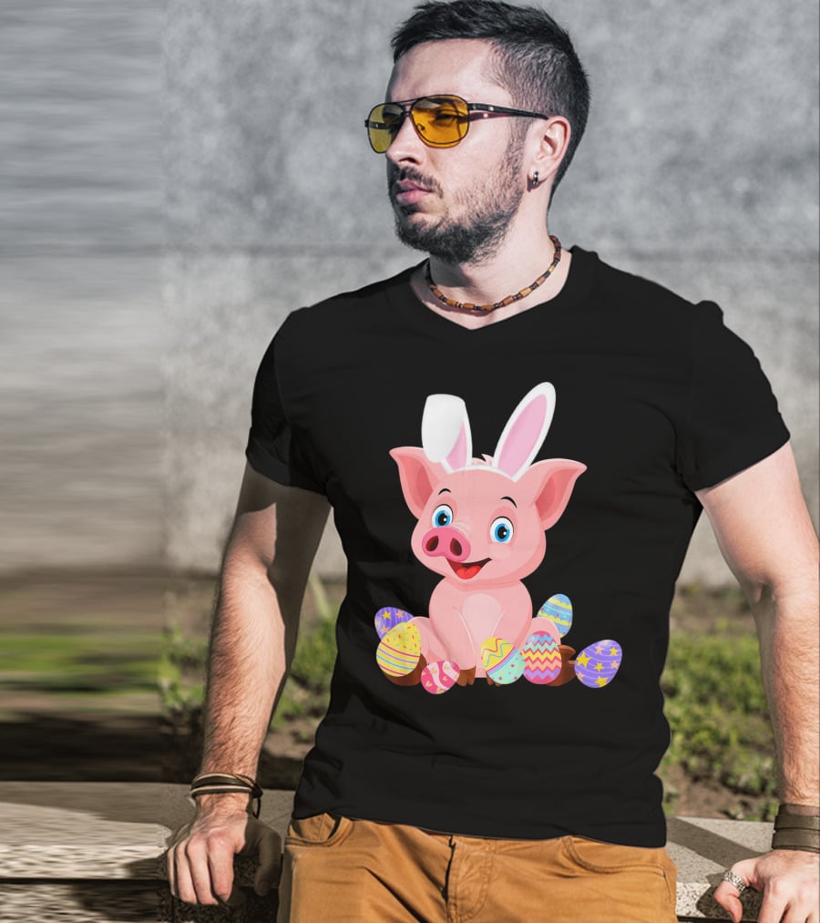 Pig Wearing Bunny Ears Surrounded By Colorful Easter Eggs T-Shirt