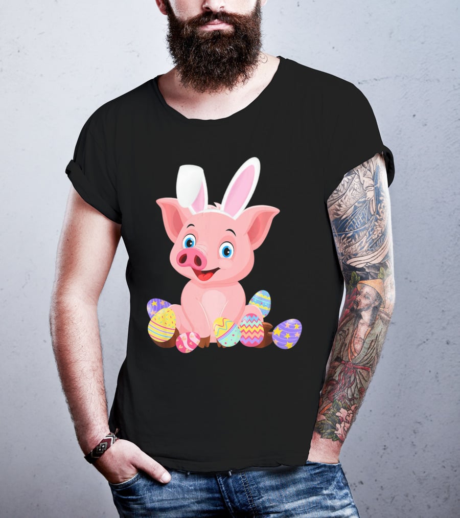 Pig Wearing Bunny Ears Surrounded By Colorful Easter Eggs T-Shirt