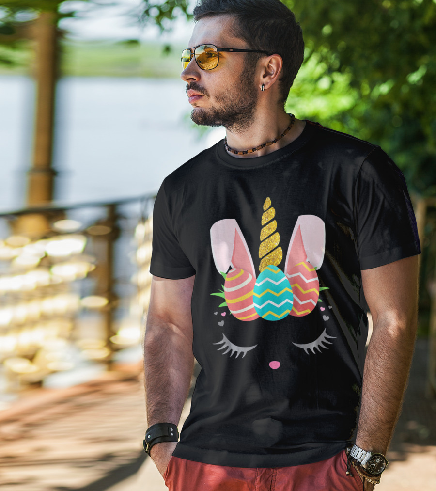 Bunnycorn Easter Bunny Rabbit Face Unicorn Ears Eggs Hearts T-Shirt