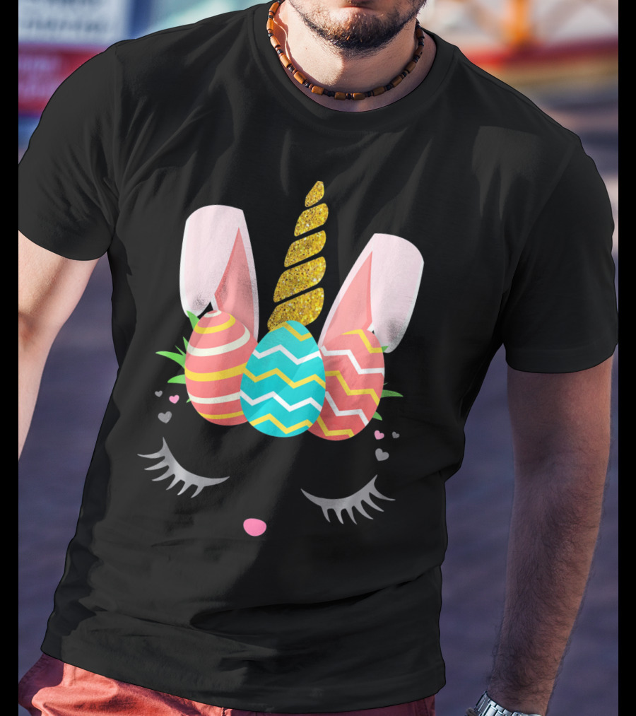 Bunnycorn Easter Bunny Rabbit Face Unicorn Ears Eggs Hearts T-Shirt