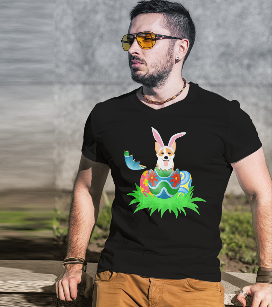Easter Corgi Bunny With Colorful Easter Egg Hunt T-Shirt
