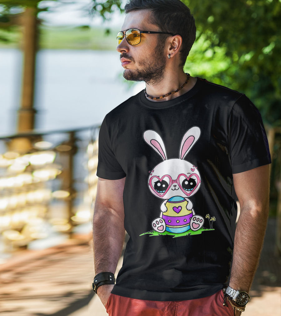 Adorable Easter Bunny With Heart-Shaped Glasses And Colorful Egg T-Shirt