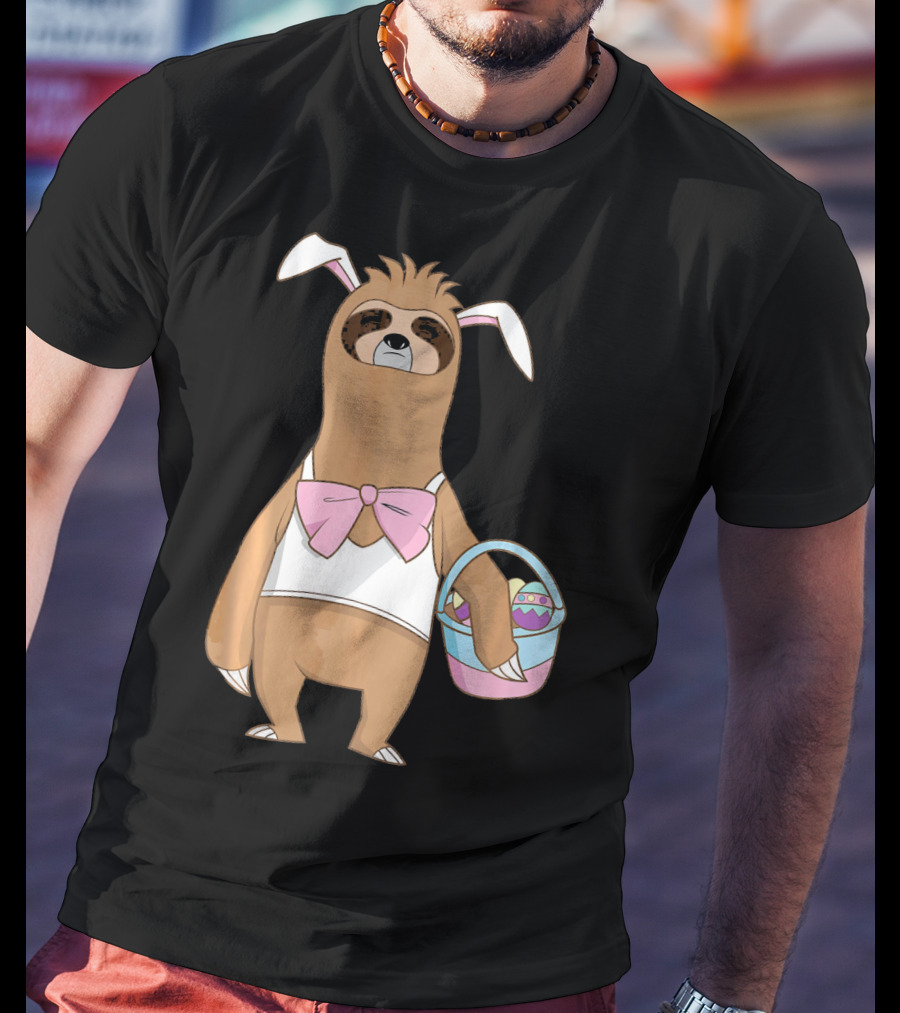 Sloth Easter Bunny Lazy Rabbit With Basket Of Eggs T-Shirt