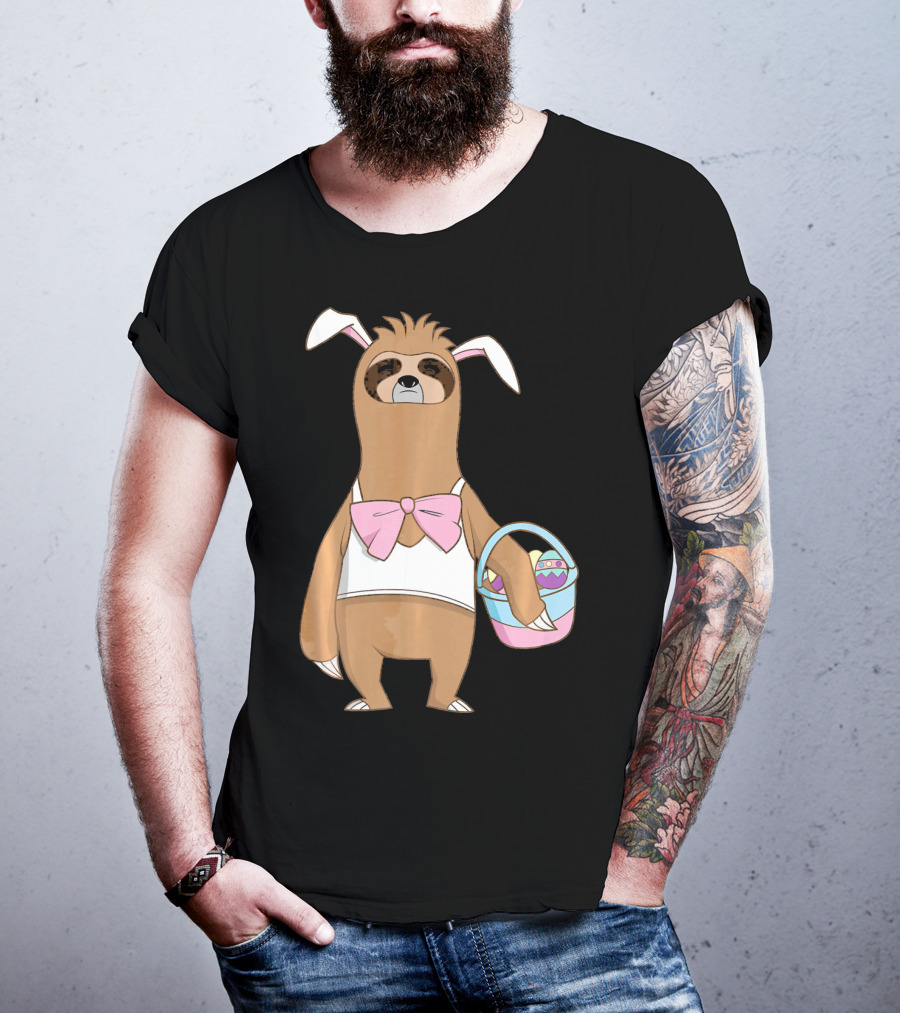 Sloth Easter Bunny Lazy Rabbit With Basket Of Eggs T-Shirt